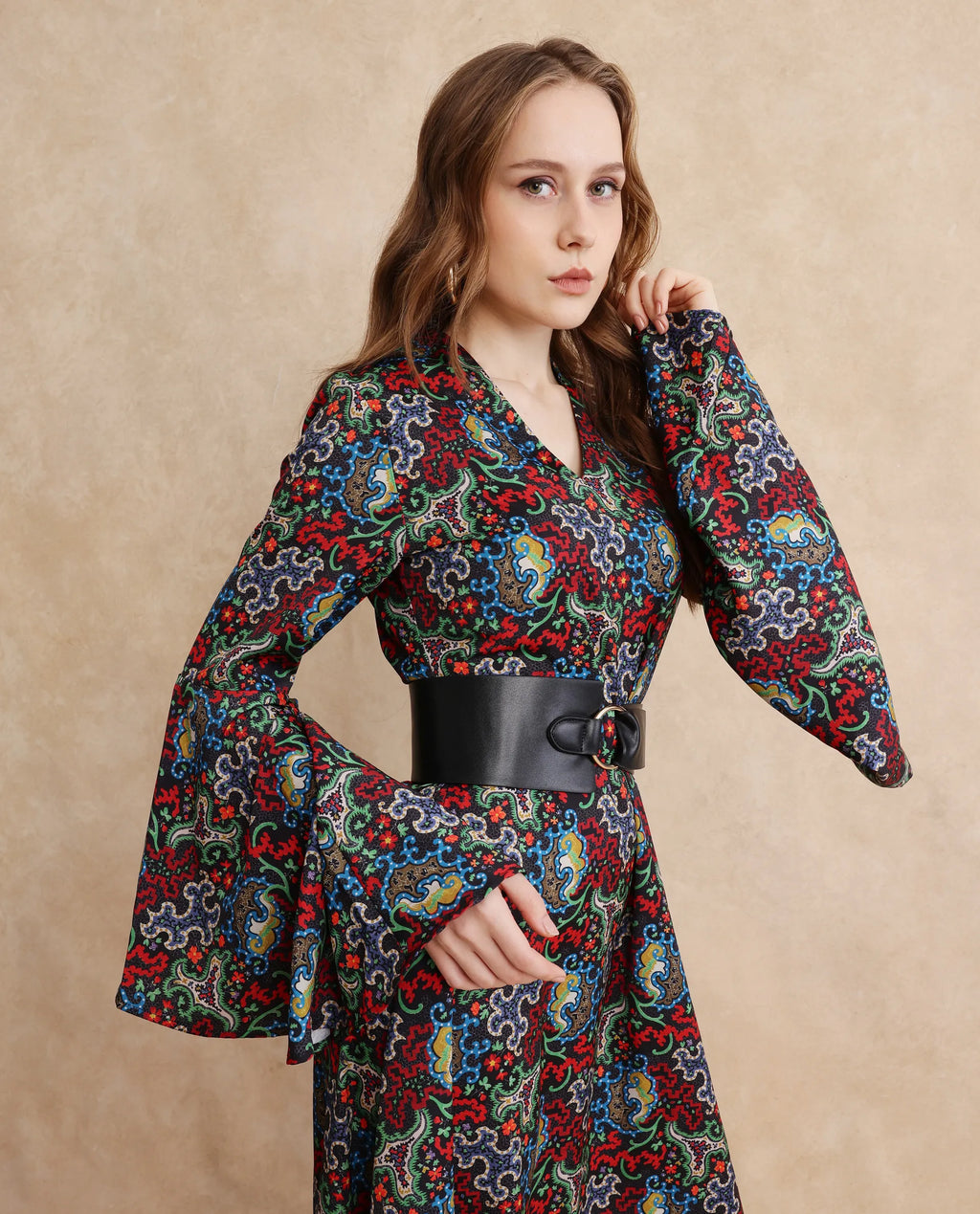 Rareism Women's Bedx Dark Multi Polyester Blend V-Neck Abstract Print Bell Sleeve Maxi Fit And Flare Dress