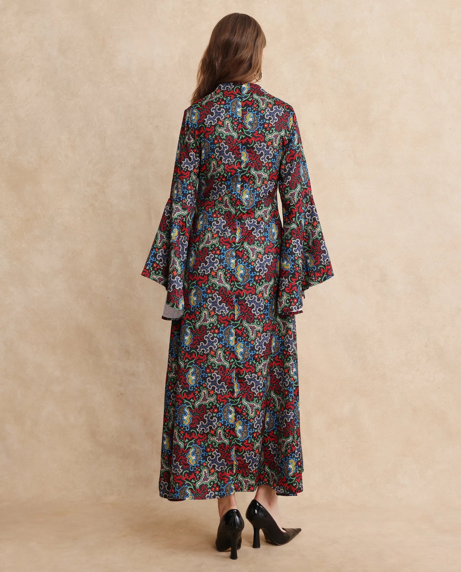 Rareism Women's Bedx Dark Multi Polyester Blend V-Neck Abstract Print Bell Sleeve Maxi Fit And Flare Dress