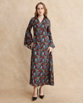 Rareism Women's Bedx Dark Multi Polyester Blend V-Neck Abstract Print Bell Sleeve Maxi Fit And Flare Dress