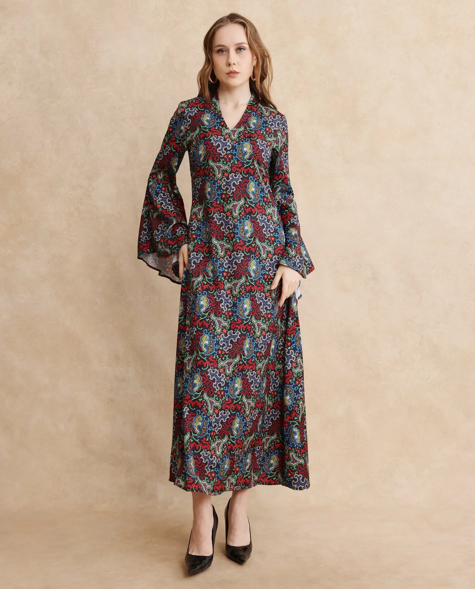 Rareism Women's Bedx Dark Multi Polyester Blend V-Neck Abstract Print Bell Sleeve Maxi Fit And Flare Dress