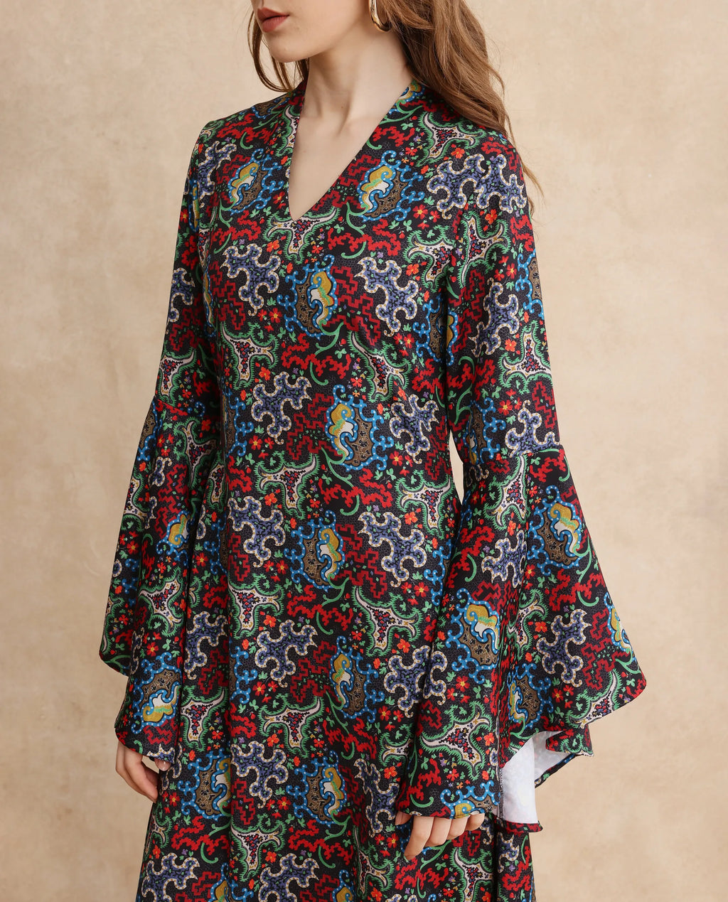 Rareism Women's Bedx Dark Multi Polyester Blend V-Neck Abstract Print Bell Sleeve Maxi Fit And Flare Dress