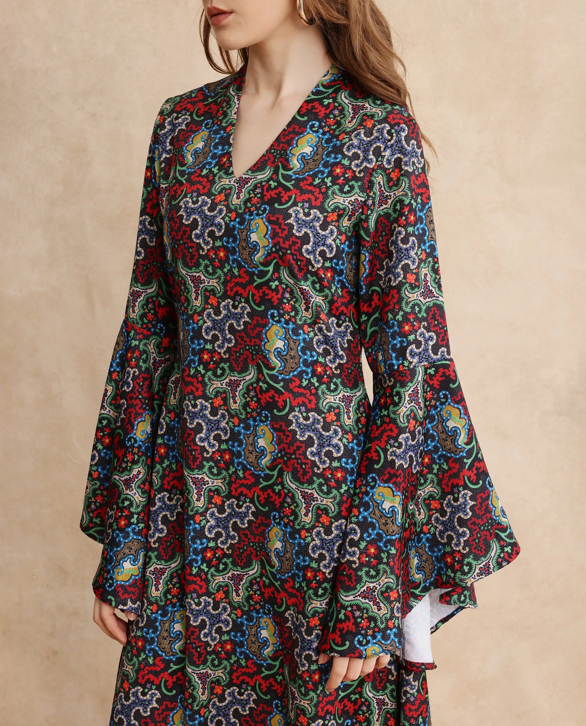 Rareism Women's Bedx Dark Multi Polyester Blend V-Neck Abstract Print Bell Sleeve Maxi Fit And Flare Dress