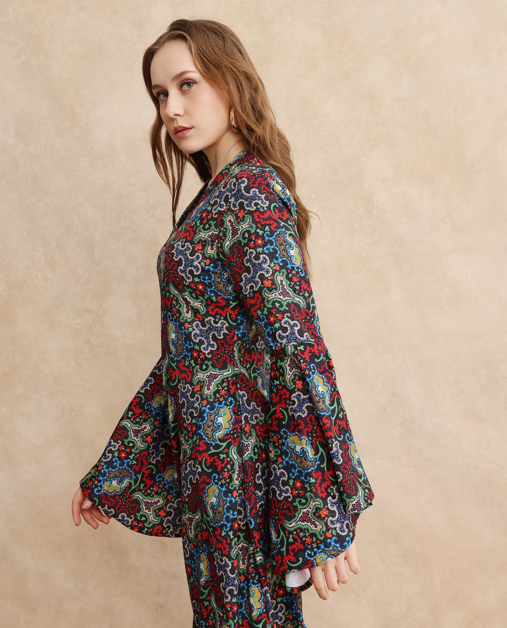 Rareism Women's Bedx Dark Multi Polyester Blend V-Neck Abstract Print Bell Sleeve Maxi Fit And Flare Dress