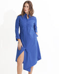 Rareism Women's Beetal Blue Polyester Blend Mandarin Collar Plain Cuffed Sleeve Midi Regular Fit Dress