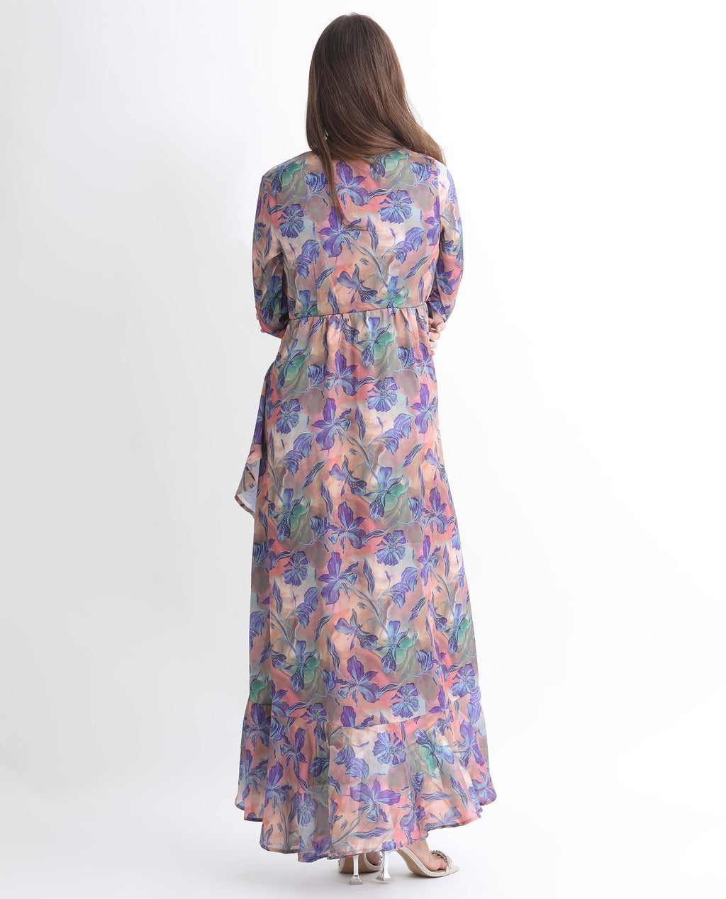 Rareism Women's Belen Pastel Blue Polyester V-Neck Floral Print Maxi Flared Dress