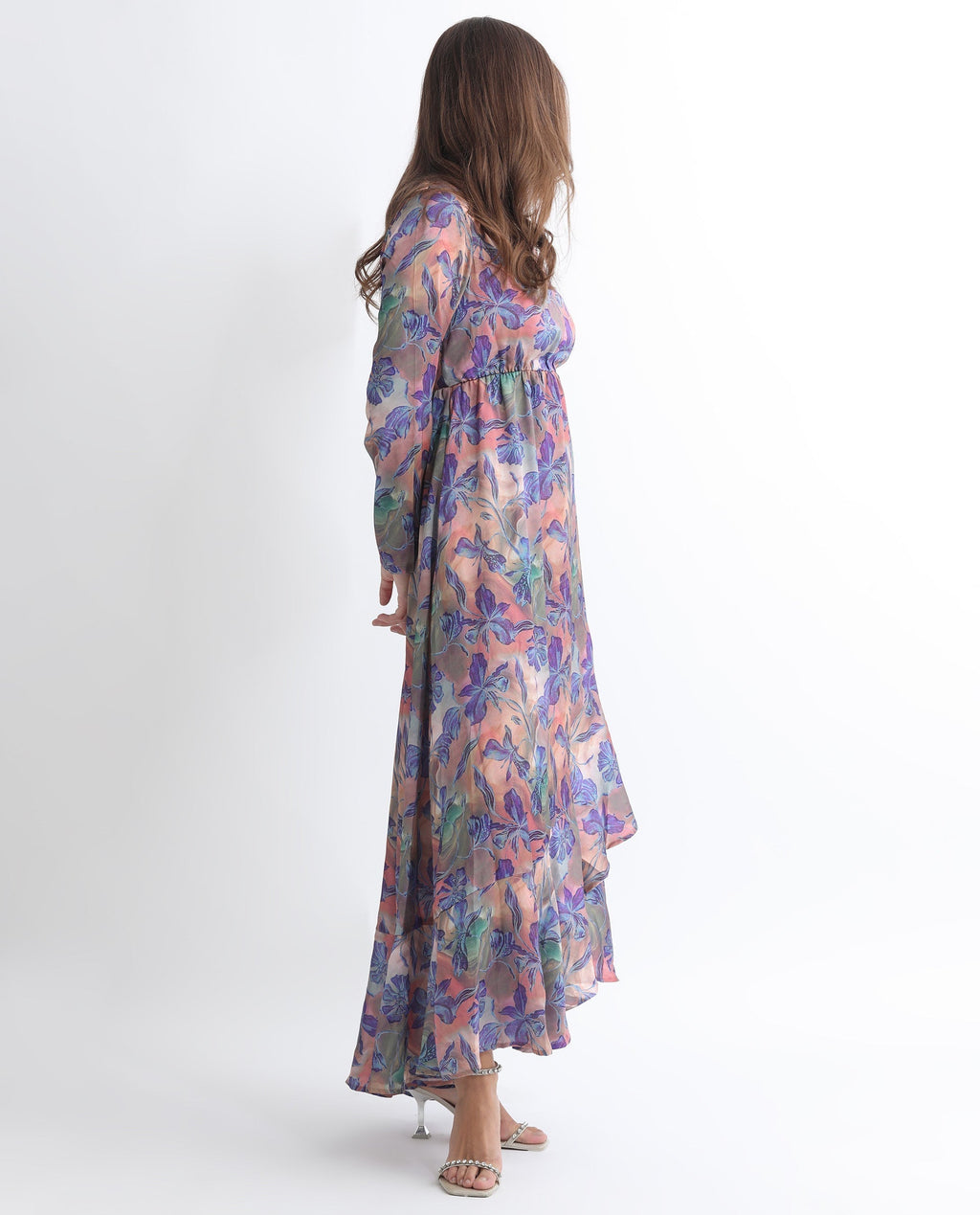 Rareism Women's Belen Pastel Blue Polyester V-Neck Floral Print Maxi Flared Dress