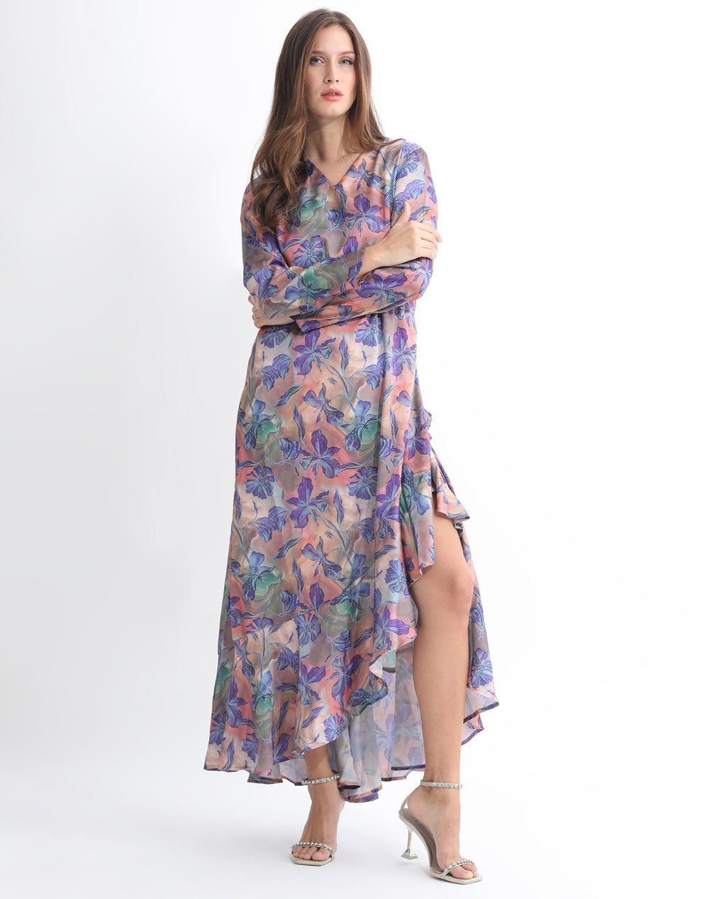 Rareism Women's Belen Pastel Blue Polyester V-Neck Floral Print Maxi Flared Dress