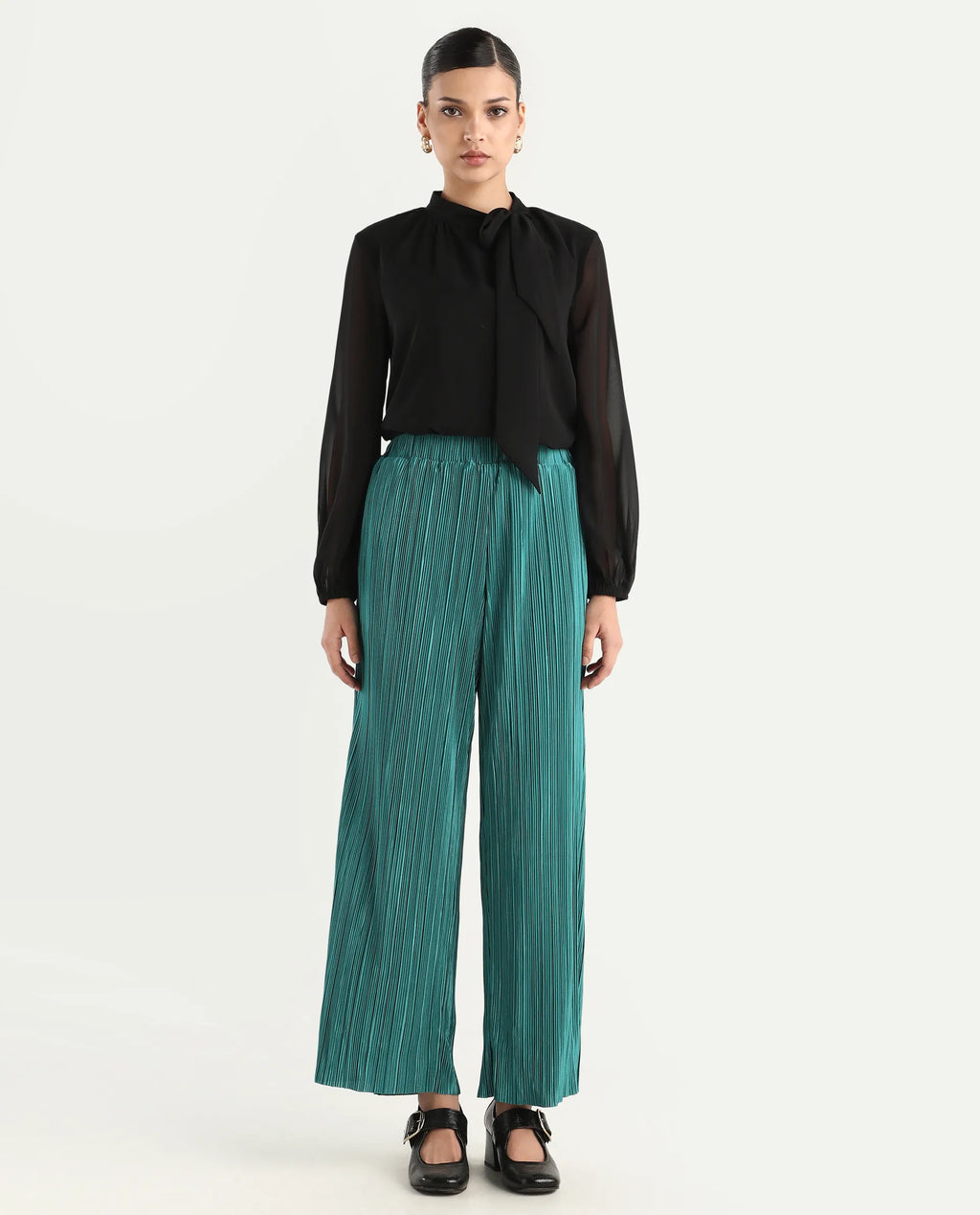Rareism Women's Belgarde-B Petrol Polyester Plain Ankle Length Straight Fit Trouser