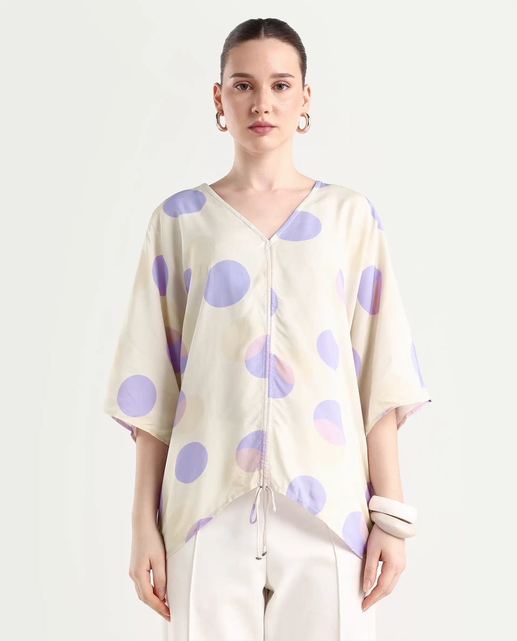 Rareism Women's Bell Beige Viscose V-Neck Polka Print Bell Sleeve Boxy Fit Top