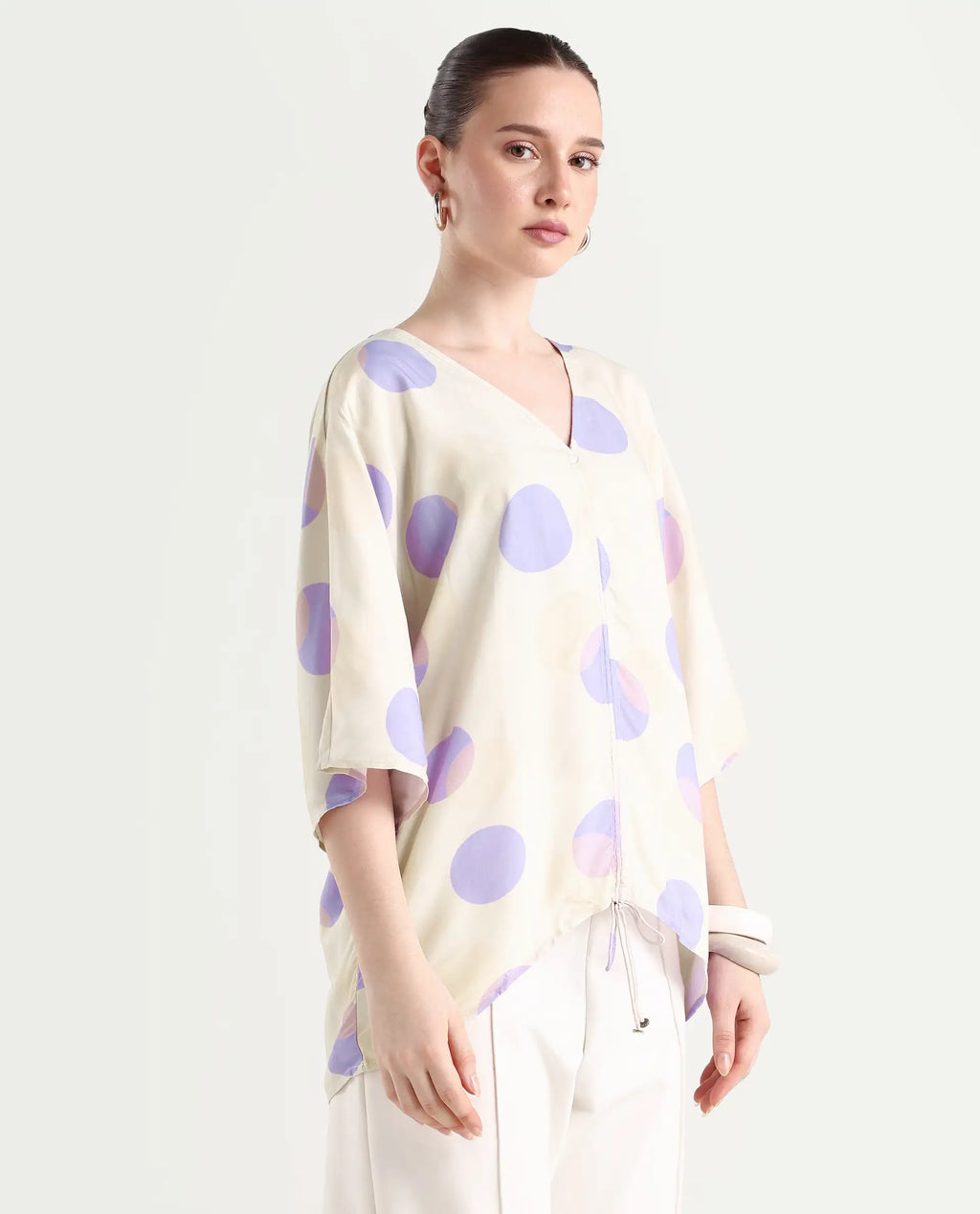 Rareism Women's Bell Beige Viscose V-Neck Polka Print Bell Sleeve Boxy Fit Top