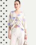 Rareism Women's Bell Beige Viscose V-Neck Polka Print Bell Sleeve Boxy Fit Top