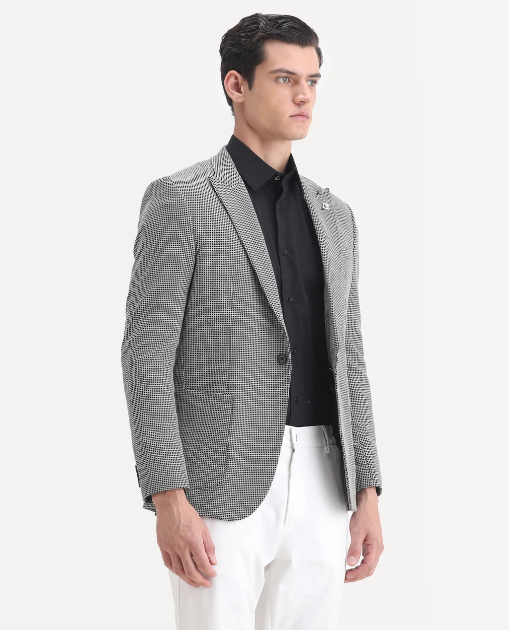 Rare Rabbit Men's Bellion Black Polyester Checked Print Tailored Fit Full Sleeve Lapel Neck Blazer