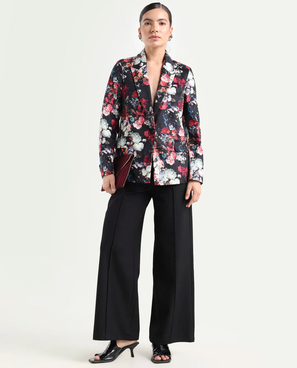 Rareism Women's Bellob Black Velvet Lapel Neck Floral Print Tailored Blazer