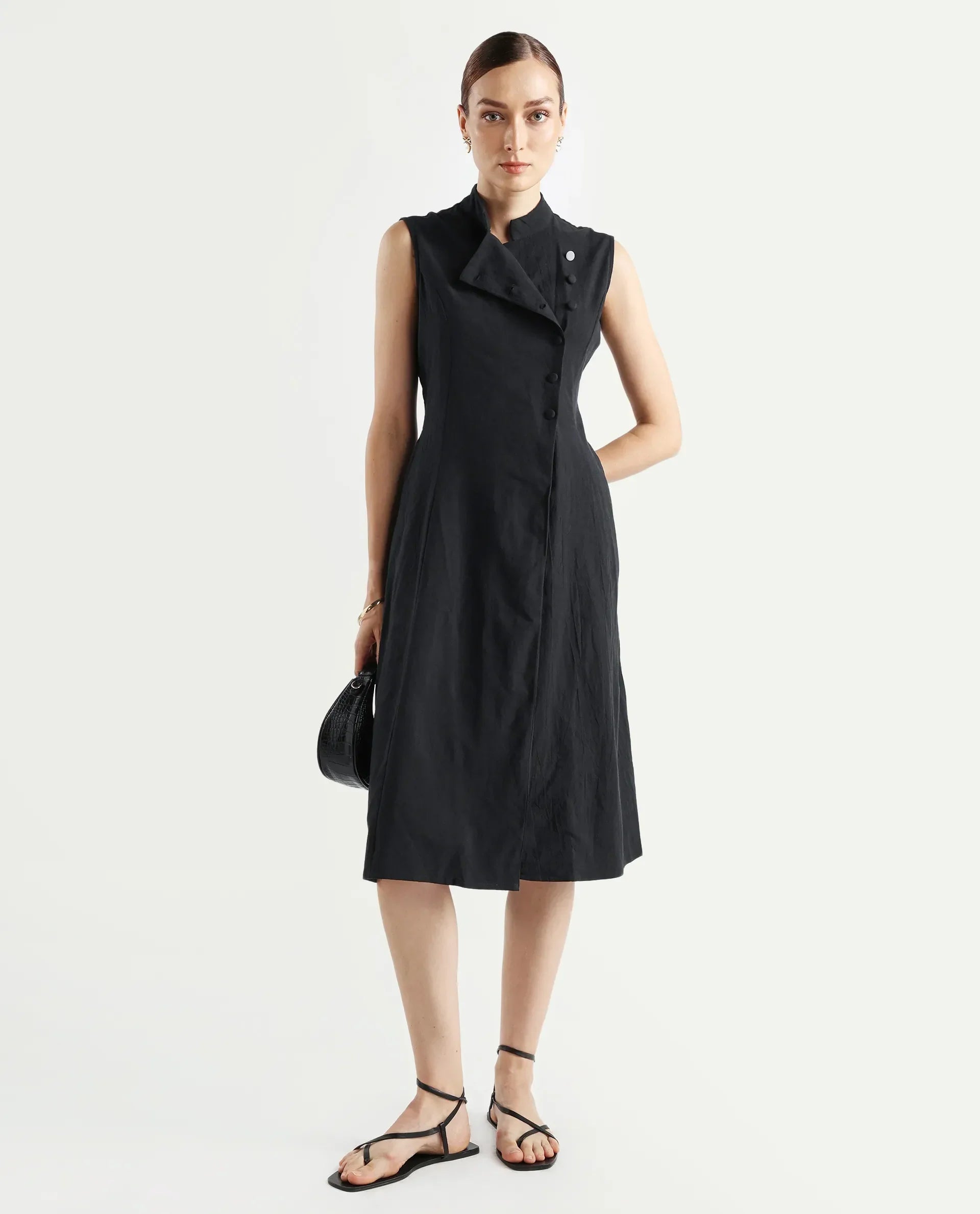 Rareism Women's Beniz Dark Black Cotton High Neck Plain Sleeveless Midi A-Line Dress