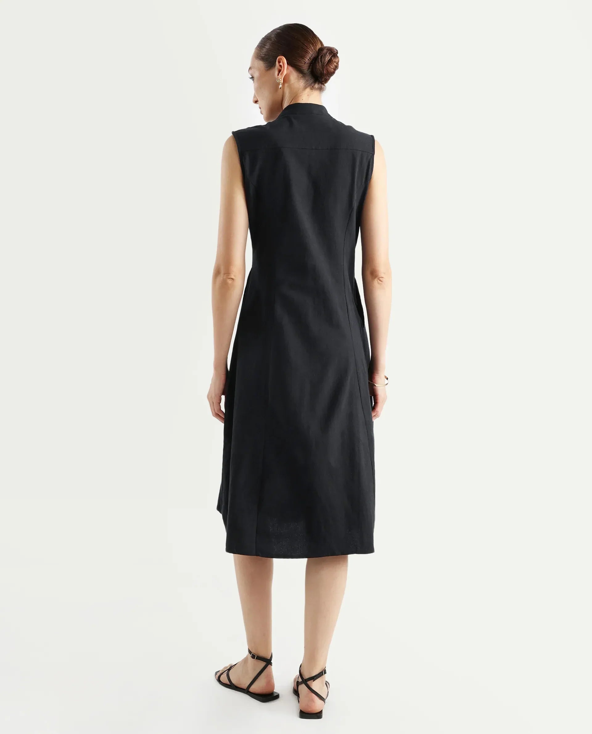 Rareism Women's Beniz Dark Black Cotton High Neck Plain Sleeveless Midi A-Line Dress