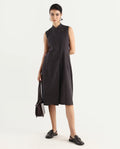 Rareism Women's Beniz Dark Brown Cotton High Neck Plain Sleeveless Midi A-Line Dress