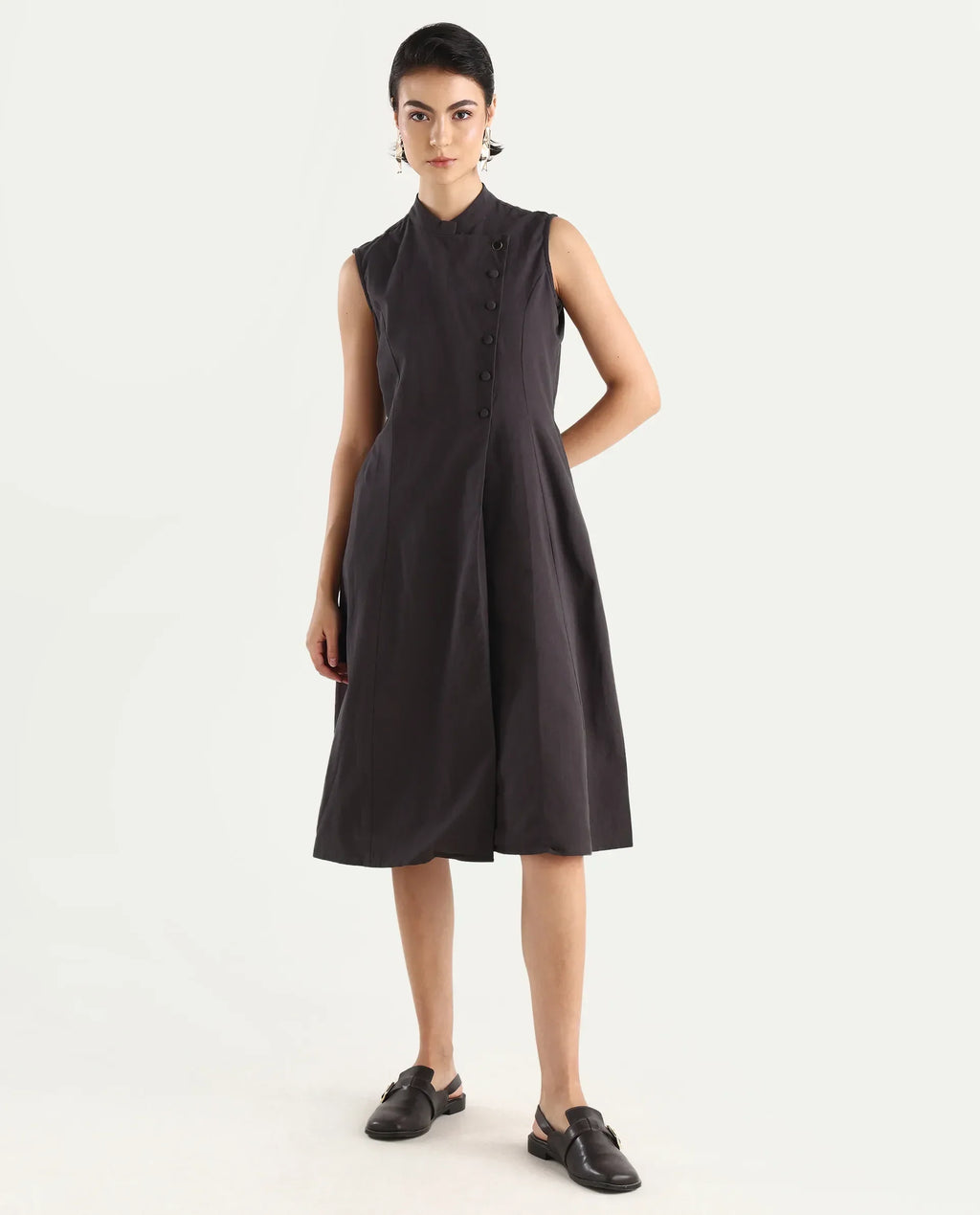 Rareism Women's Beniz Dark Brown Cotton High Neck Plain Sleeveless Midi A-Line Dress