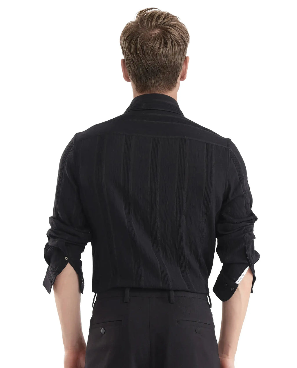 Rare Rabbit Men's Benon Black Viscose Blend Striped Print Regular Fit Full Sleeve Collared Shirt