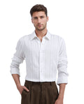 Rare Rabbit Men's Benon White Viscose Blend Striped Print Regular Fit Full Sleeve Collared Shirt