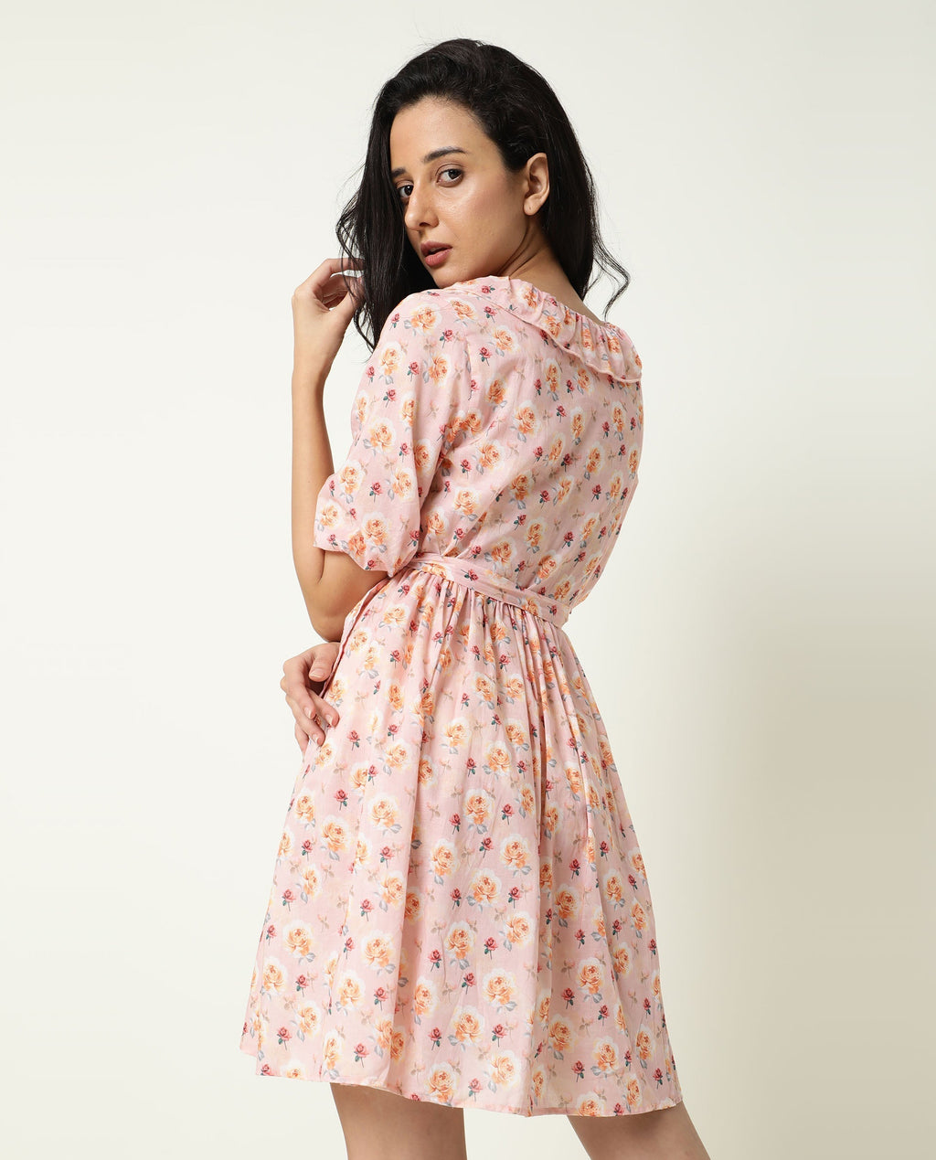 Rareism Women's Verna Pink Cotton V-Neck Floral Print Balloon Sleeve Knee Length Regular Fit Dress