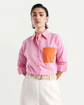 Rareism Women's Bereio Pink Cotton Drop Collar Plain Cuffed Sleeve Regular Fit Shirt