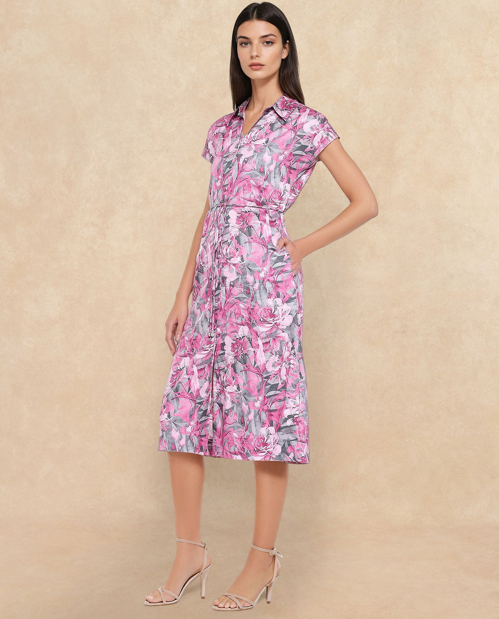 Rareism Women's Berlong Multi Cotton Blend Drop Collar Floral Print Midi A-Line Dress
