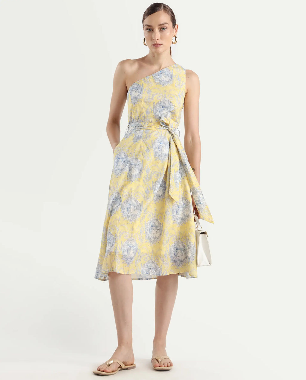 Rareism Women's Bermera Multi Cotton One Shoulder Ornamental Print One Shoulder Midi Fit And Flare Dress