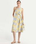 Rareism Women's Bermera Multi Cotton One Shoulder Ornamental Print One Shoulder Midi Fit And Flare Dress