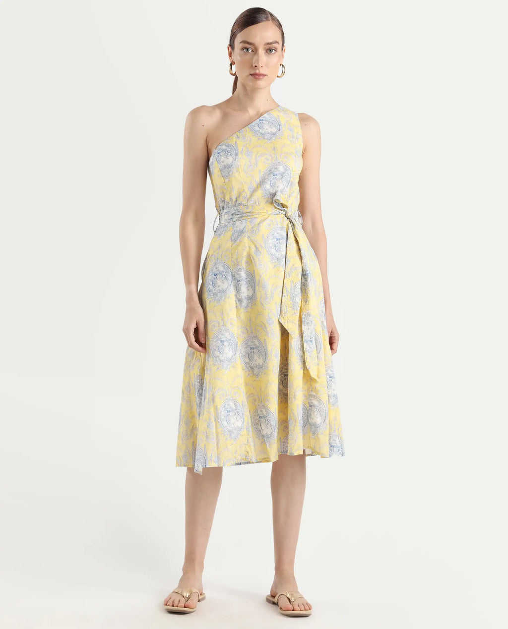 Rareism Women's Bermera Multi Cotton One Shoulder Ornamental Print One Shoulder Midi Fit And Flare Dress