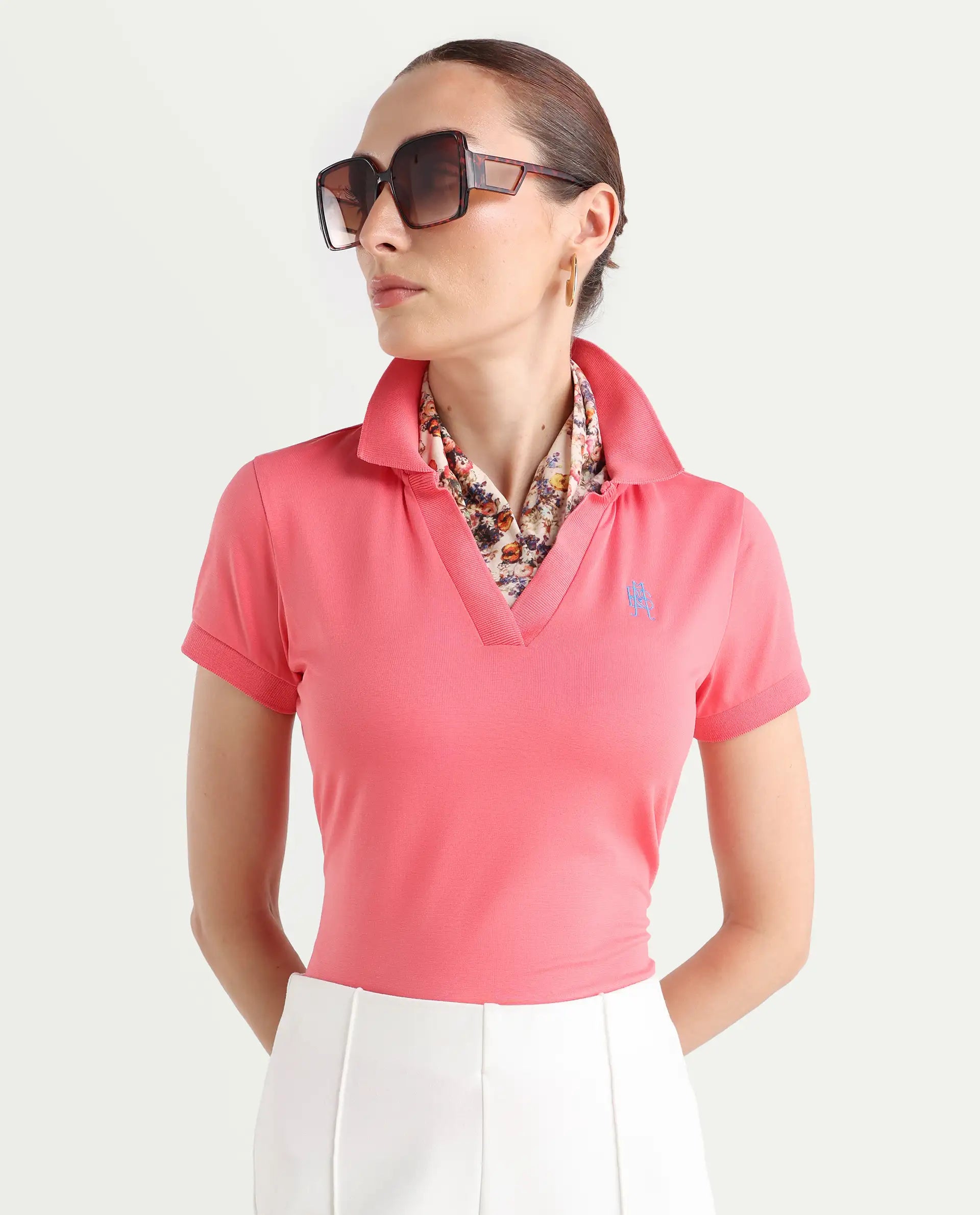 Rareism Women's Bern Pastel Orange Cotton Blend Polo Neck Plain Regular Fit Polo