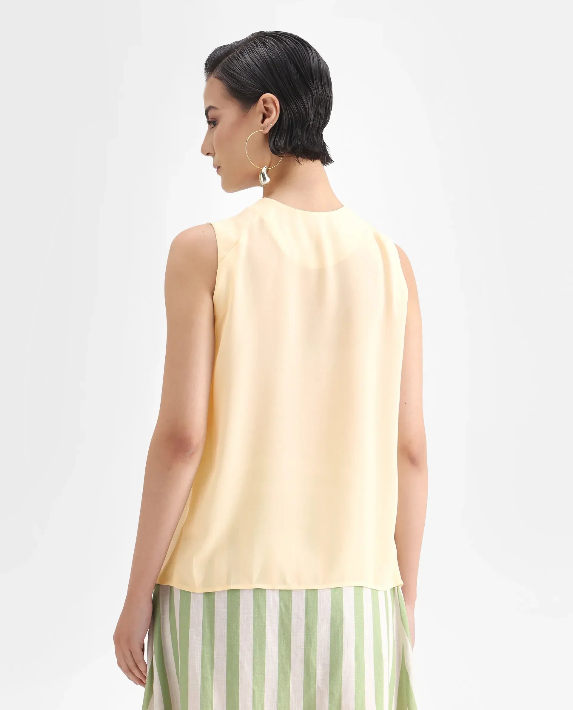 Rareism Women's Beverly Beige Polyester Tie-Up Neck Plain Sleeveless Relaxed Fit Top