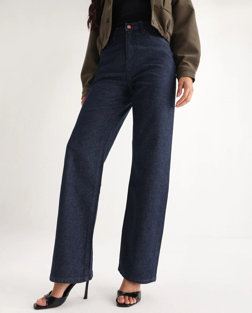 Rareism Women's Bewak Dark Blue Cotton Blend Plain Ankle Length Smart Straight Fit Jeans