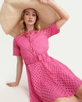 Rareism Women's Bex Pink Cotton Tie-Up Neck Schiffli Knee Length Regular Fit Dress