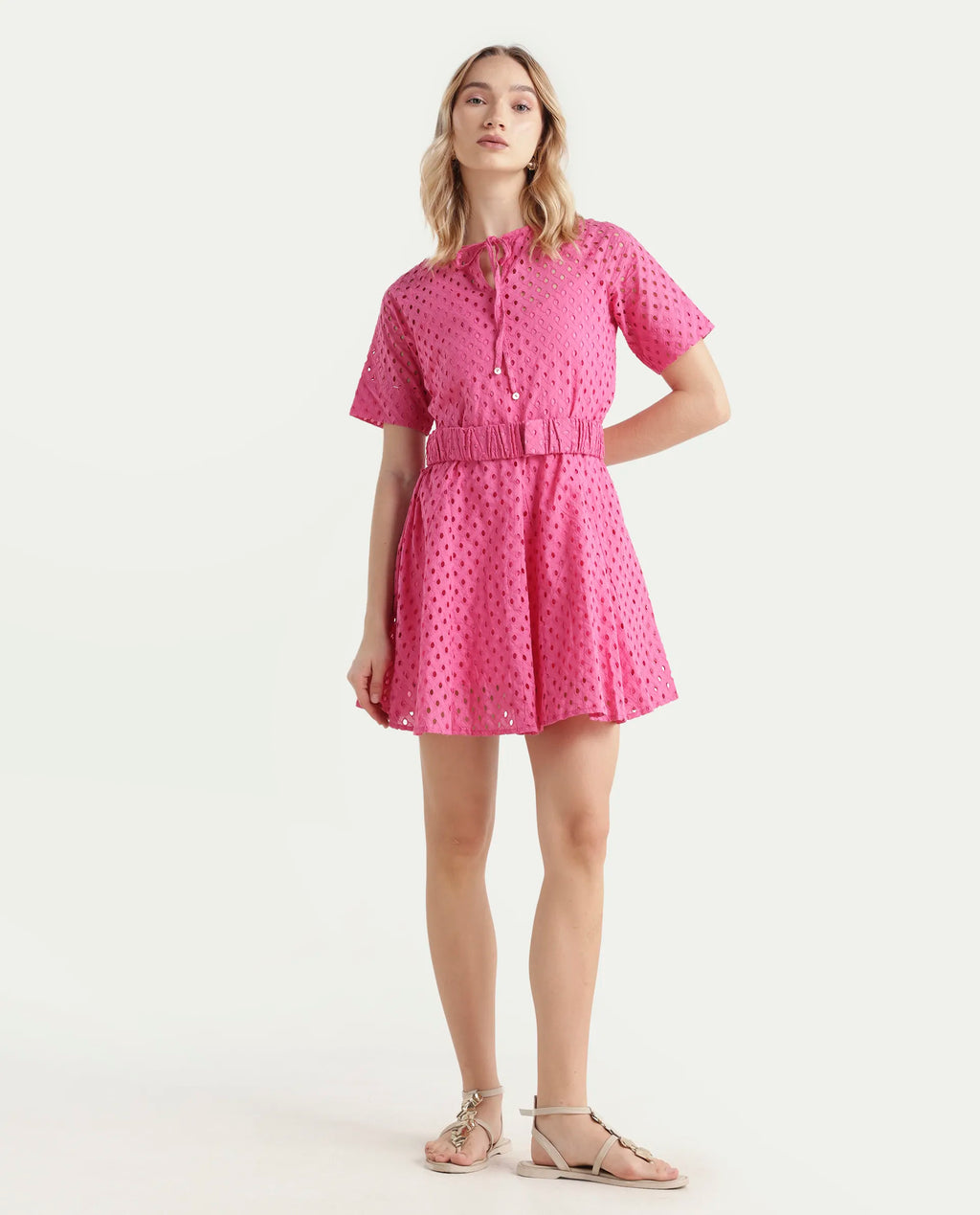 Rareism Women's Bex Pink Cotton Tie-Up Neck Schiffli Knee Length Regular Fit Dress