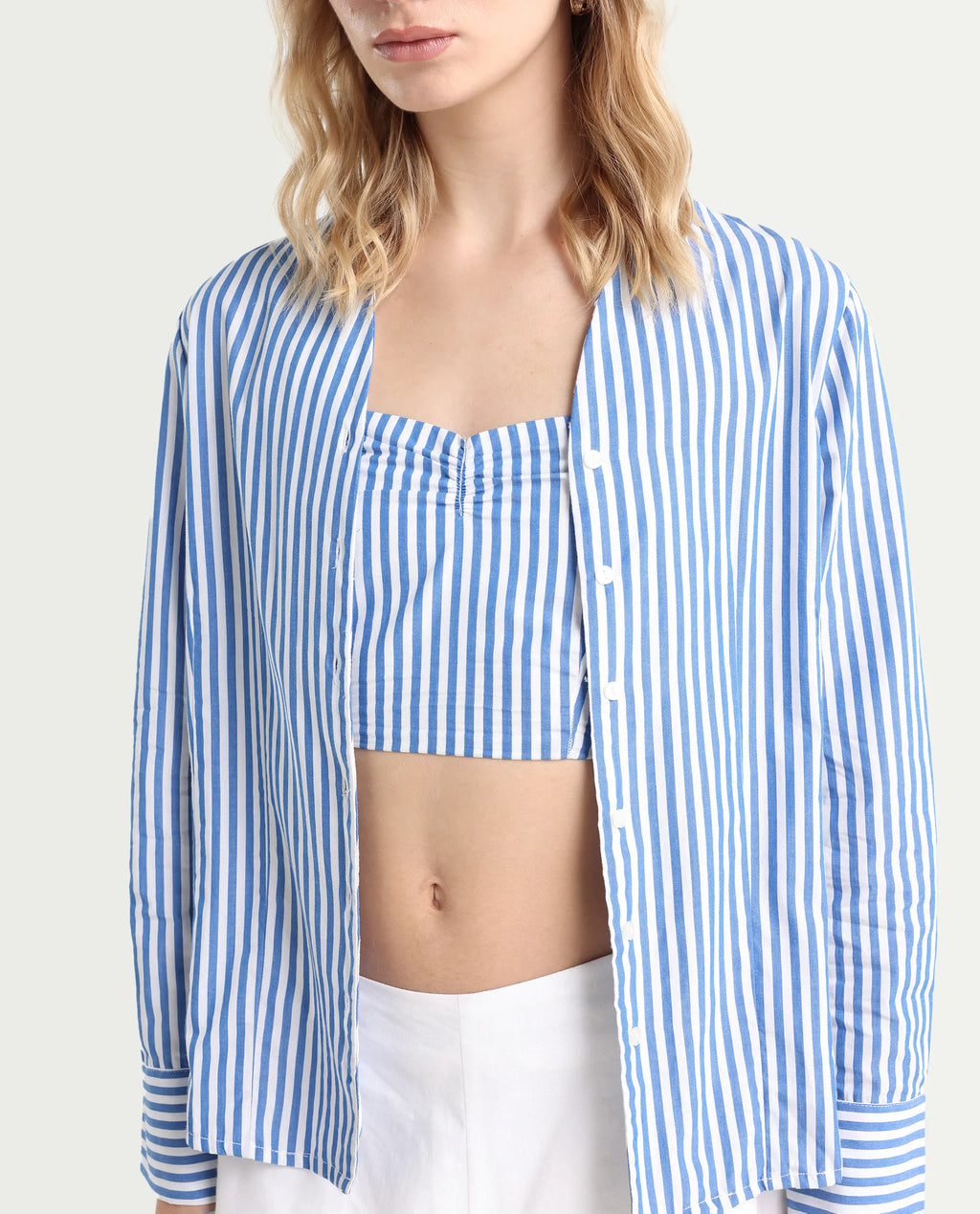 Rareism Women's Bhacan Blue Polyester V-Neck Striped Cuffed Sleeve Relaxed Fit Shirt