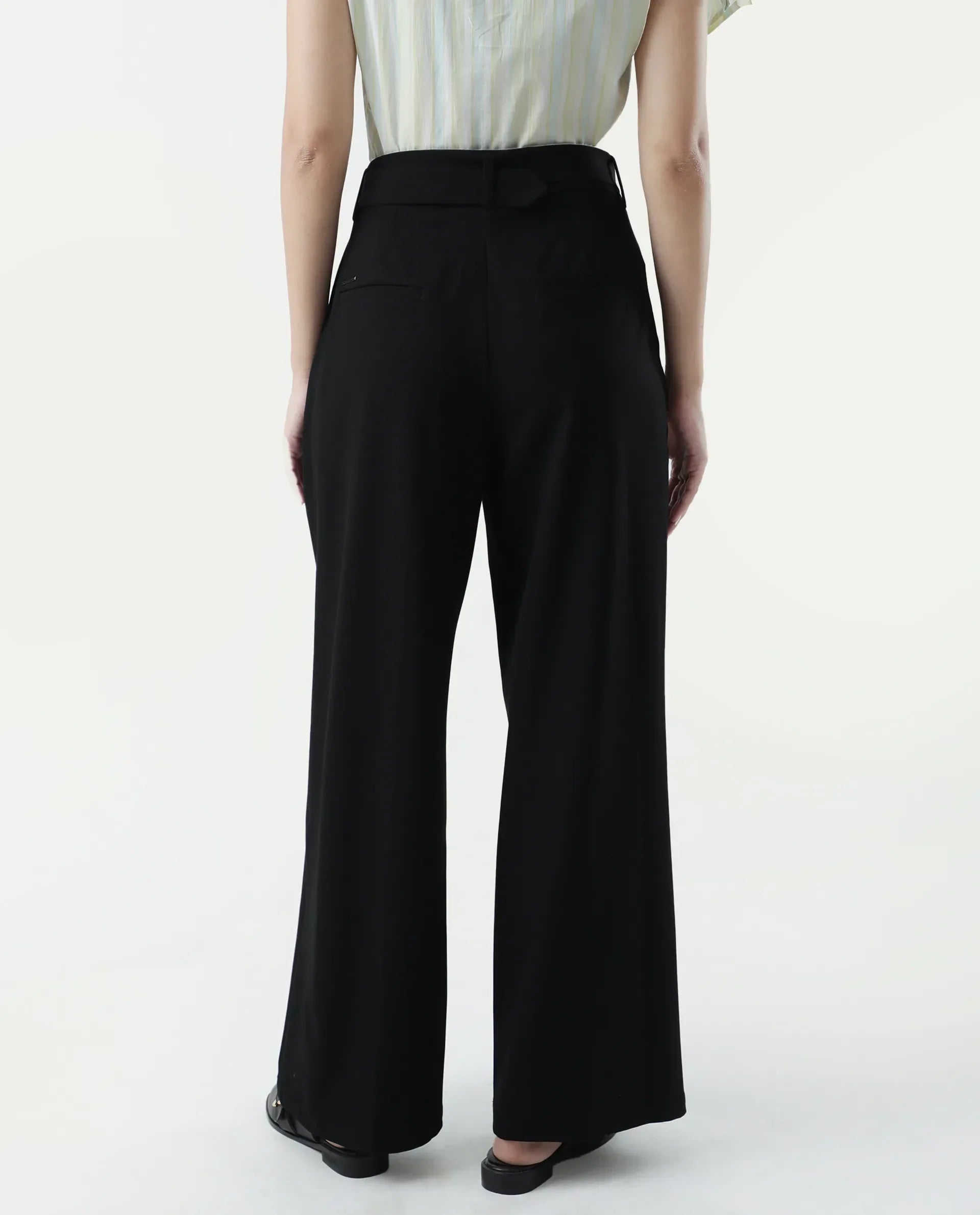 Rareism Women's Bhakil Black Polyester Blend Plain Ankle Length Straight Fit Trouser