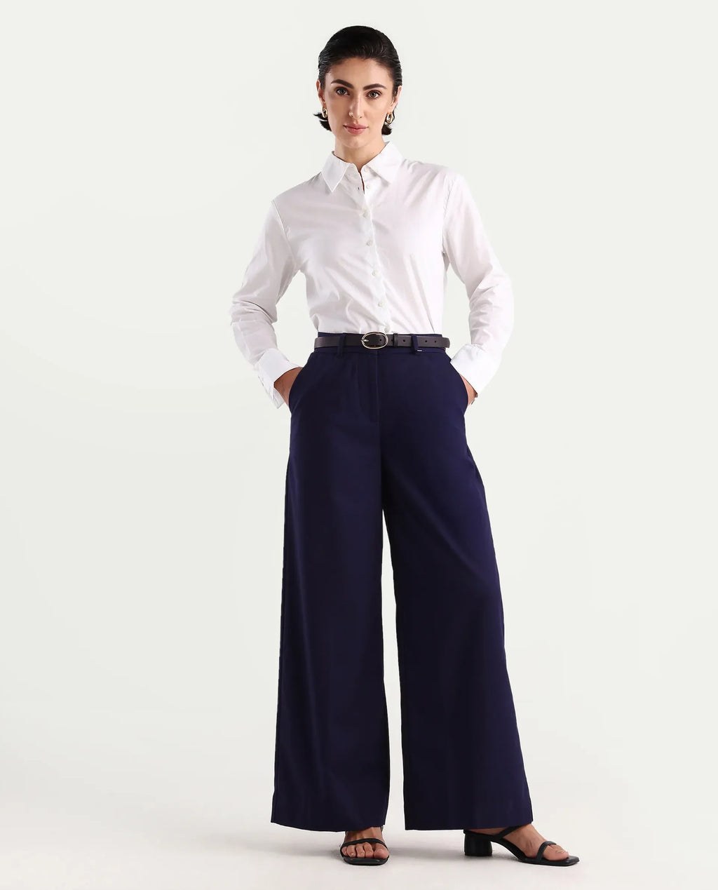 Rareism Women's Bhalmish Navy Cotton Plain Ankle Length Wide Trouser