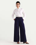 Rareism Women's Bhalmish Navy Cotton Plain Ankle Length Wide Trouser