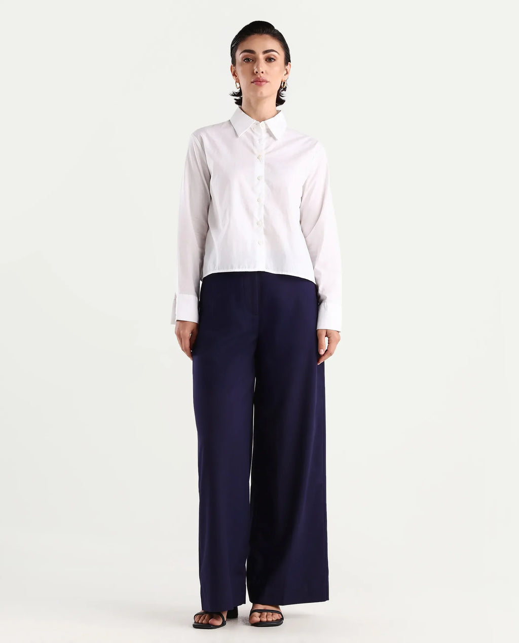 Rareism Women's Bhalmish Navy Cotton Plain Ankle Length Wide Trouser