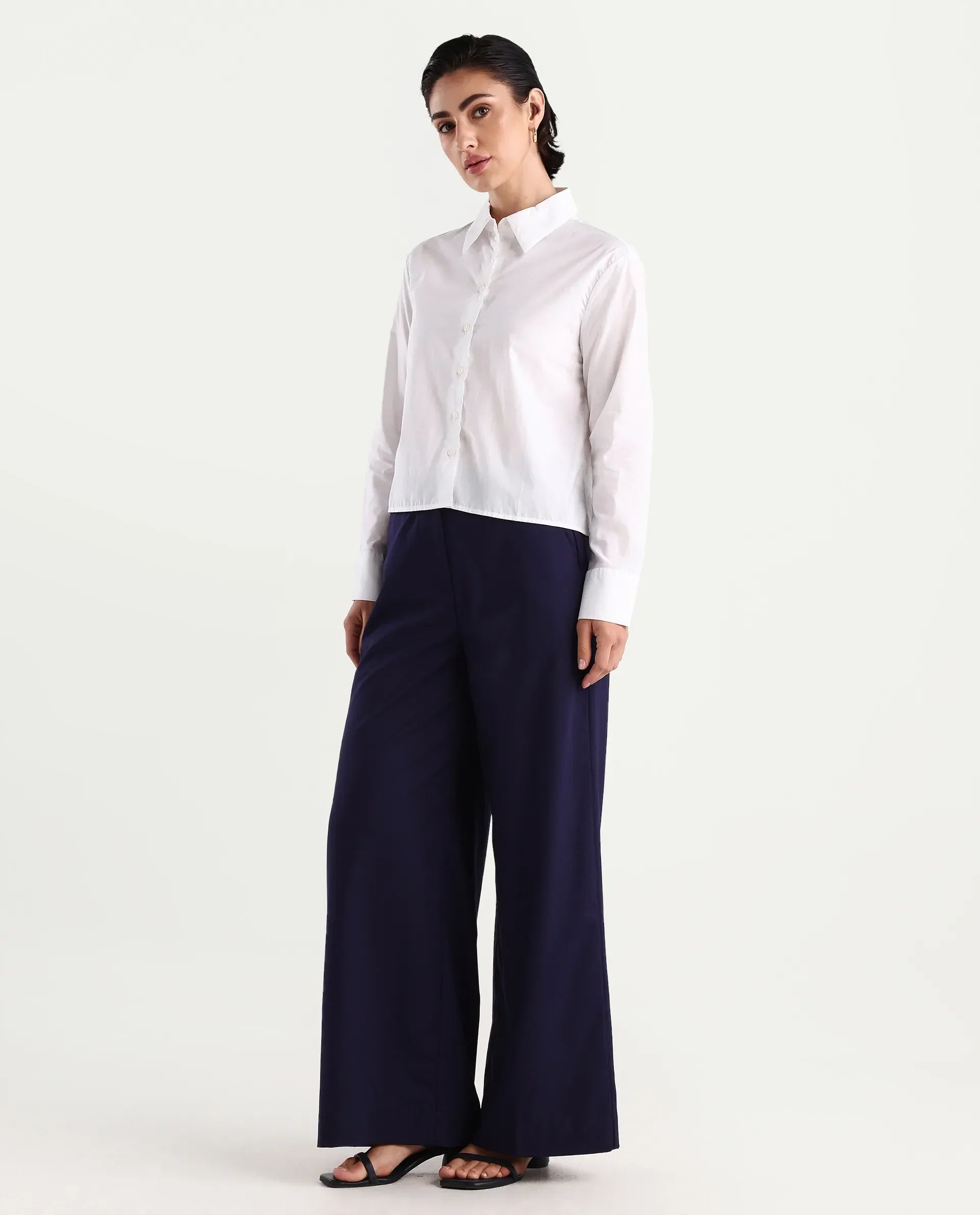 Rareism Women's Bhalmish Navy Cotton Plain Ankle Length Wide Trouser