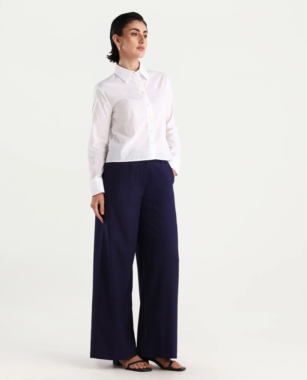 Rareism Women's Bhalmish Navy Cotton Plain Ankle Length Wide Trouser