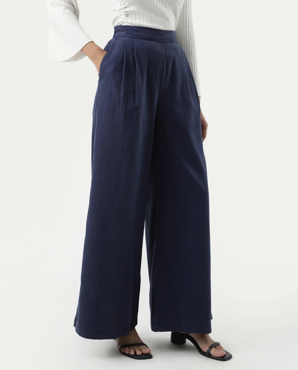 Rareism Women's Bhanella B Navy Cotton Plain Ankle Length Flared Trouser