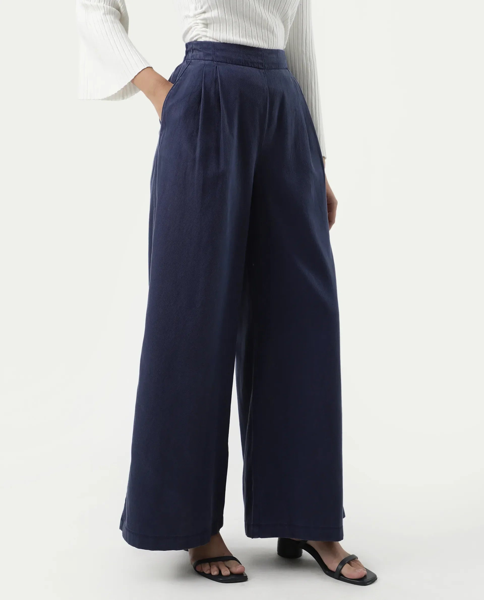 Rareism Women's Bhanella B Navy Cotton Plain Ankle Length Flared Trouser