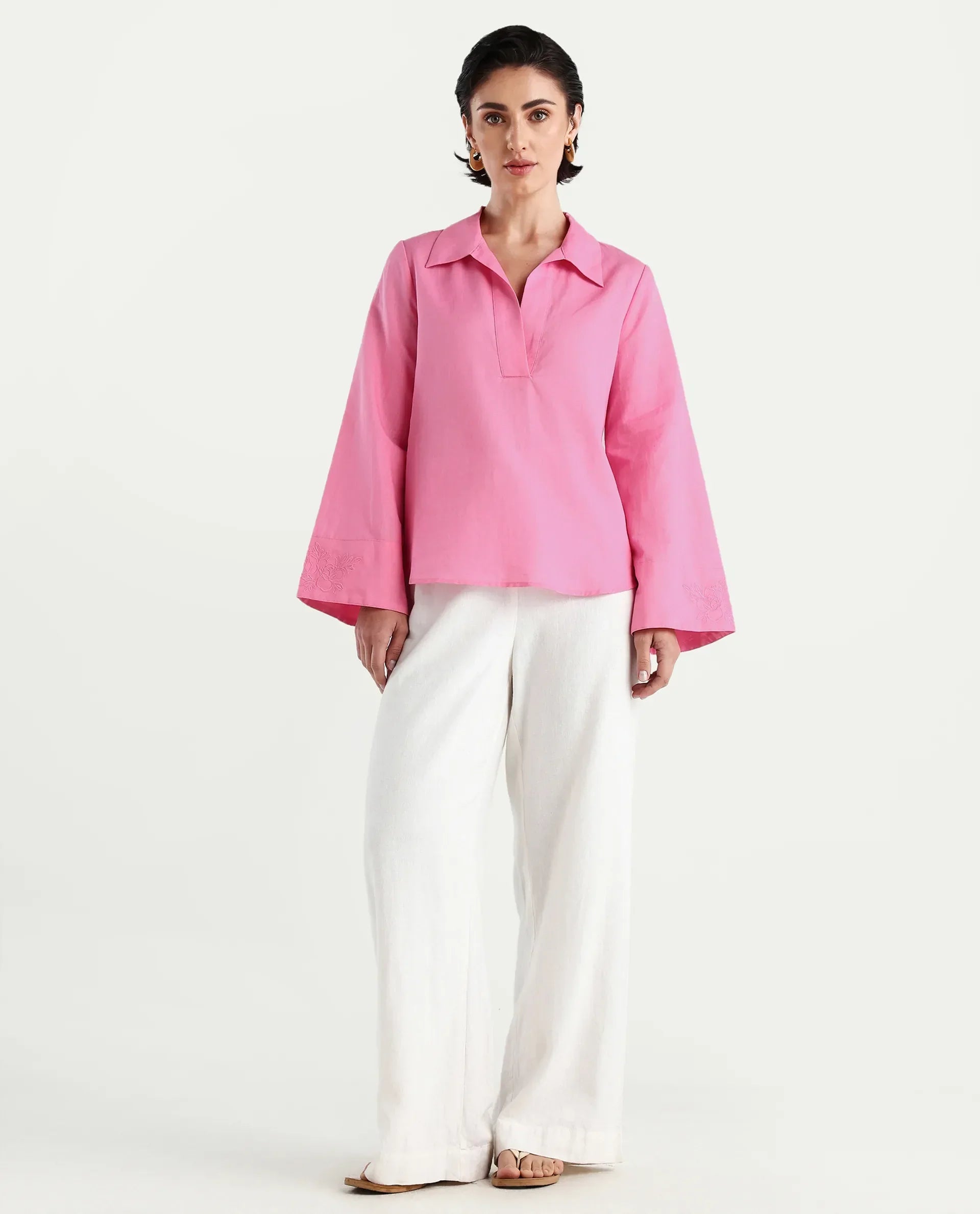 Rareism Women's Bhanis Light Pink Viscose Spread Collar Plain Bell Sleeve Relaxed Fit Top