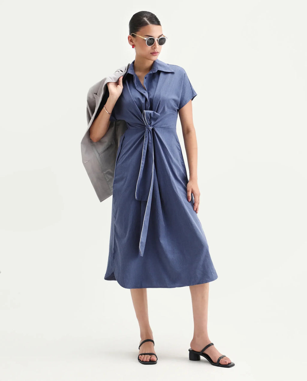 Rareism Women's Bhaque Light Blue Viscose Spread Collar Plain Balloon Sleeve Midi Straight Fit Dress