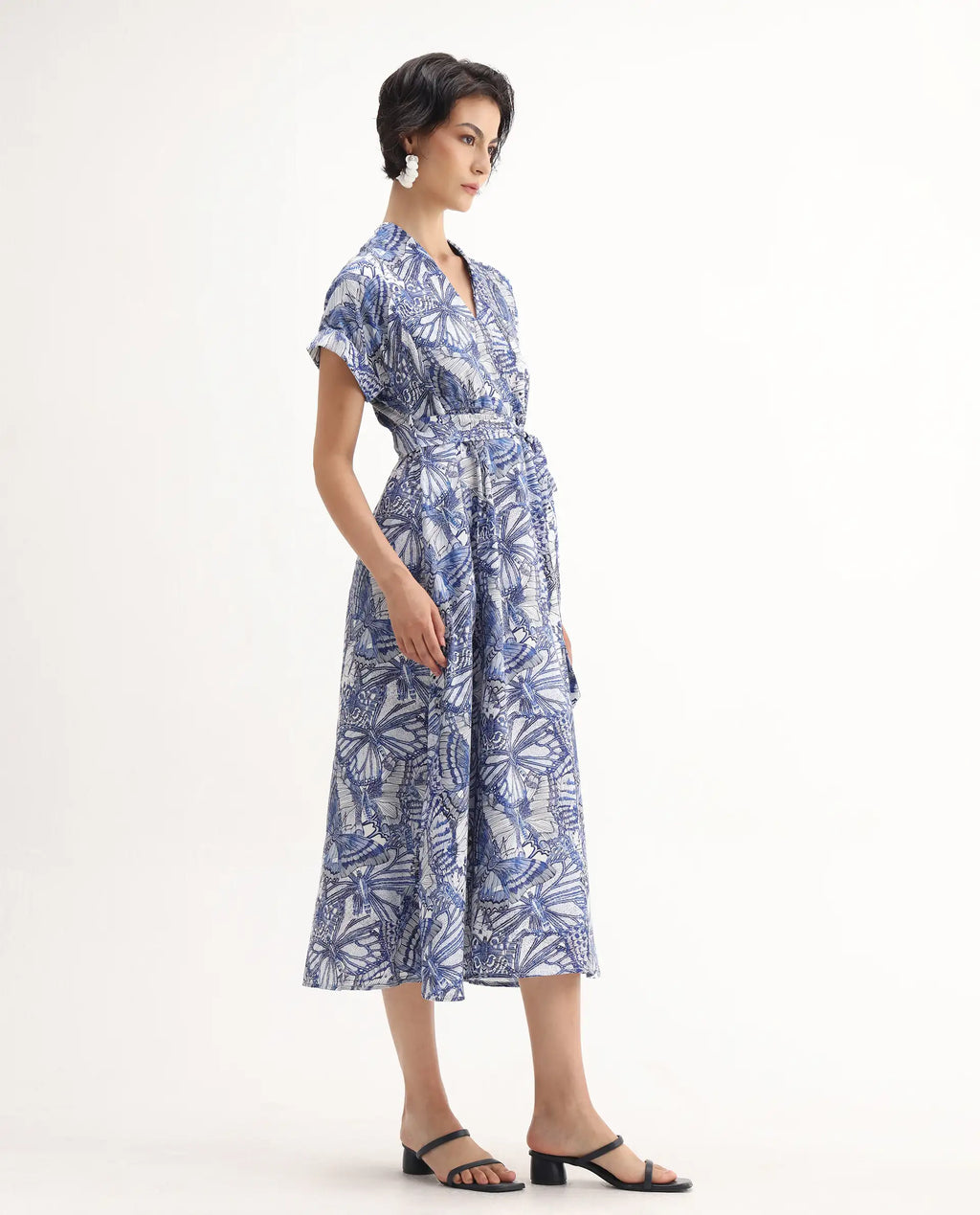 Rareism Women's Bharnaj Blue Cotton Blend Johnny Collar Abstract Print Kimono Sleeve Midi Flared Dress