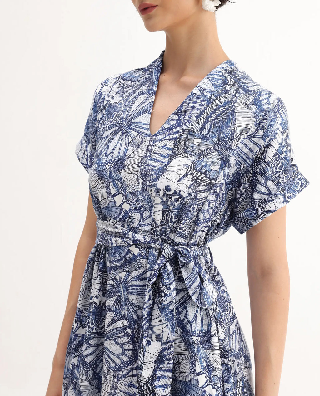 Rareism Women's Bharnaj Blue Cotton Blend Johnny Collar Abstract Print Kimono Sleeve Midi Flared Dress