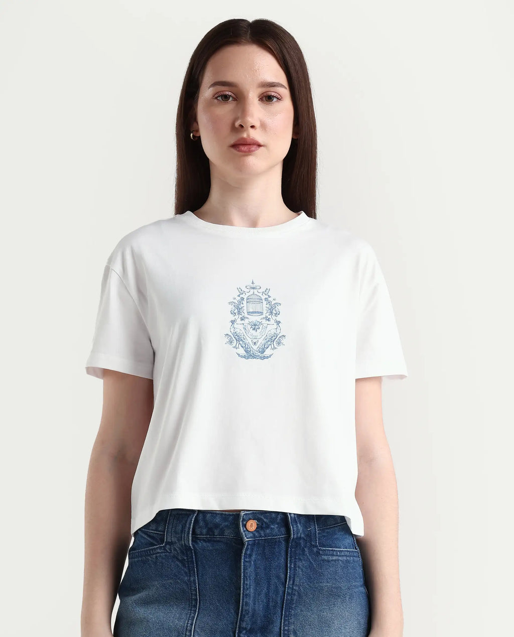 Rareism Women's Bharop Off White Cotton Crew Neck Graphic Print Crop Regular Fit T-Shirt