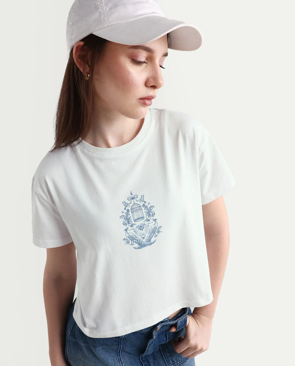 Rareism Women's Bharop Off White Cotton Crew Neck Graphic Print Crop Regular Fit T-Shirt