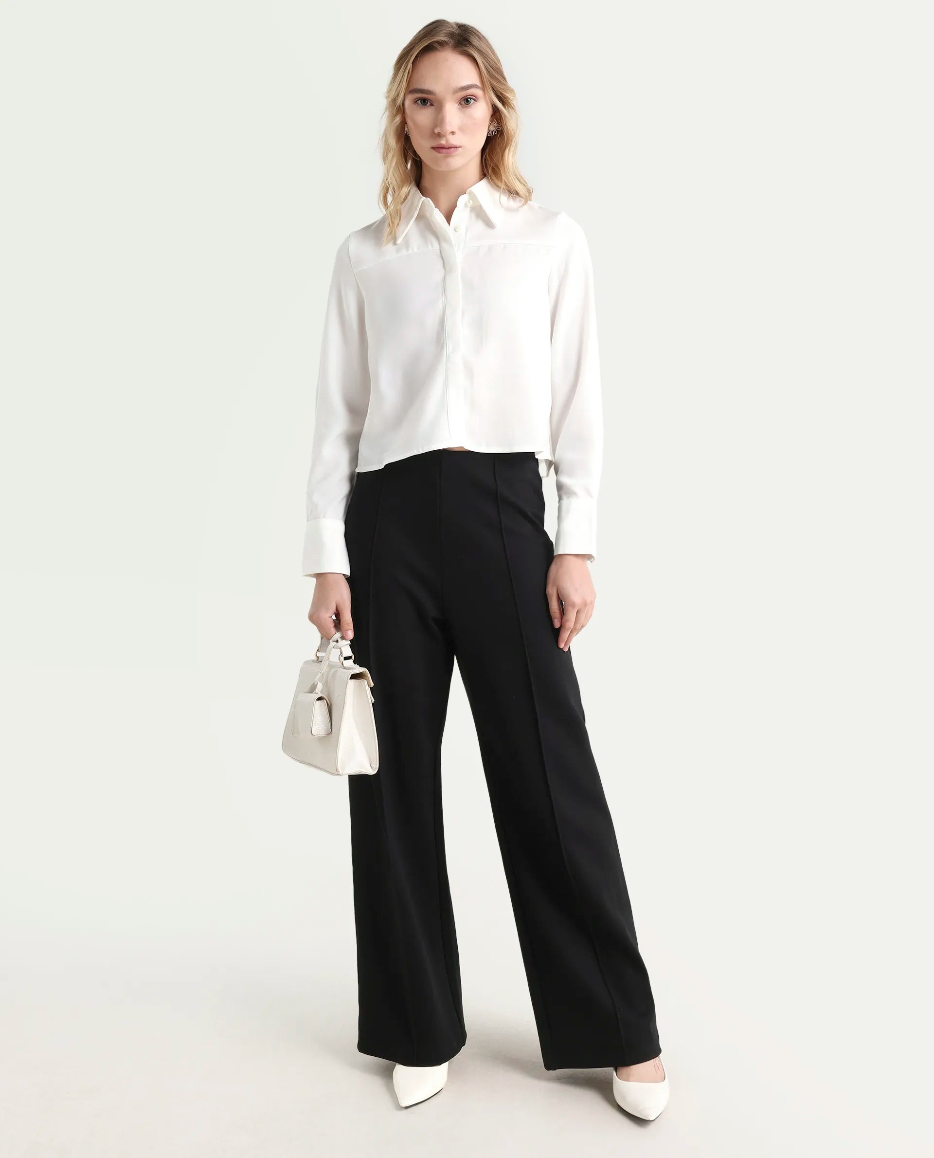 Rareism Women's Bharvik White Viscose Blend Spread Collar Plain Cuffed Sleeve Crop Relaxed Fit Shirt